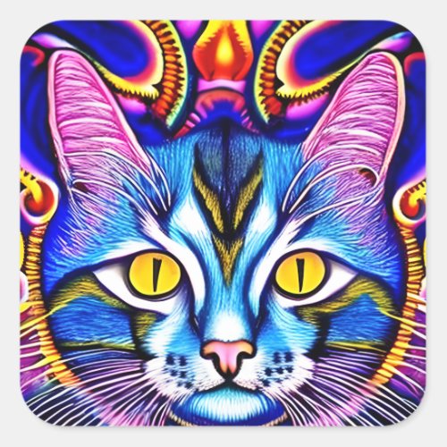Colorful Blue Cat with Fierce Eyes Ai Art Square Sticker