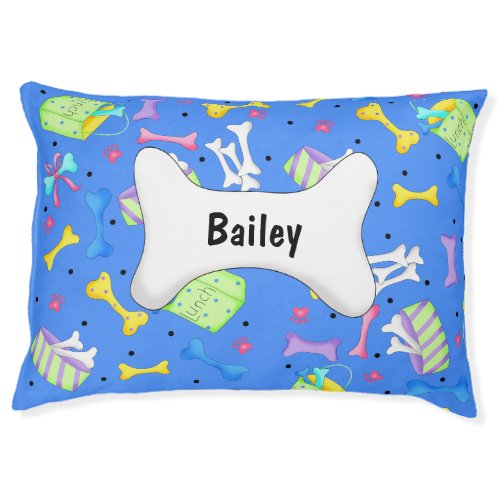 Colorful Blue Dog Bone Name Personalized Pet Bed