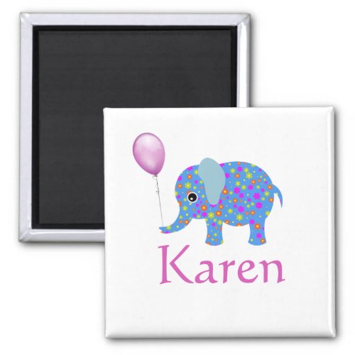 Colorful Blue Elephant  Purple Balloon and Name Magnet