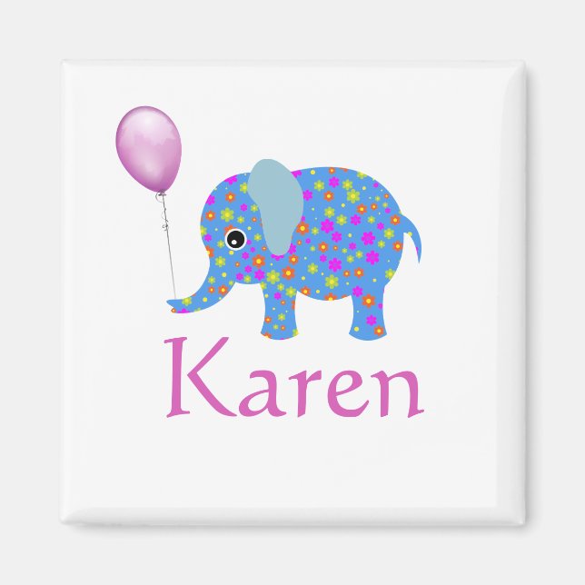 Colorful Blue Elephant | Purple Balloon and Name Magnet (Front)