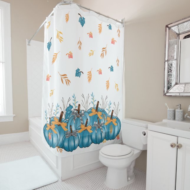 Colorful Blue Fall Pumpkins White Shower Curtain (In Situ)
