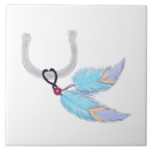 Colorful blue feathers Horseshoe Tile