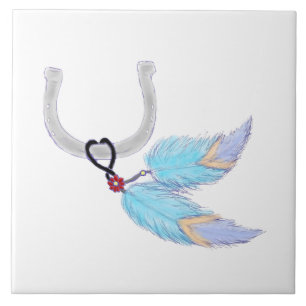 Colorful blue feathers Horseshoe Tile