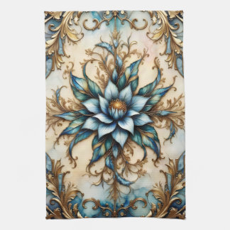 Colorful Blue floral and Gold Leaves Kitchen Towel