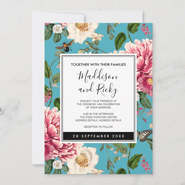 Colorful Blue Floral Garden Wedding Invitation (Front)