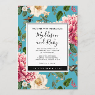 Colorful Blue Floral Garden Wedding Invitation