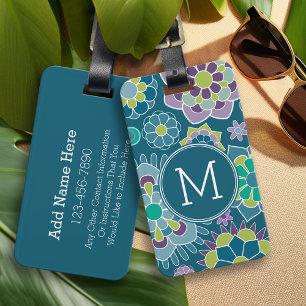 Colorful Blue Floral Pattern Custom Monogram Luggage Tag