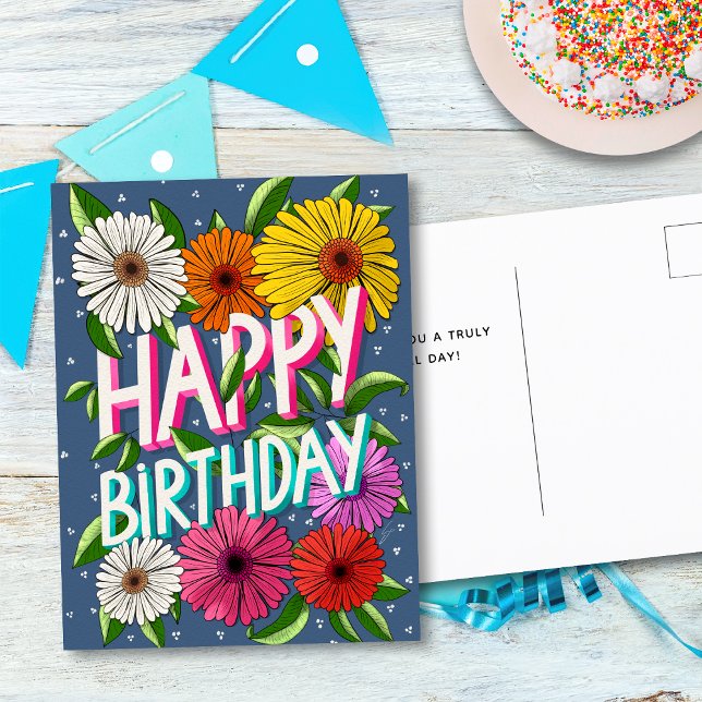 Colorful Blue Floral Personalized Happy Birthday Postcard (Creator Uploaded)