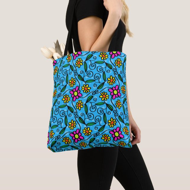 Colorful Blue Floral Tote Bag (Close Up)