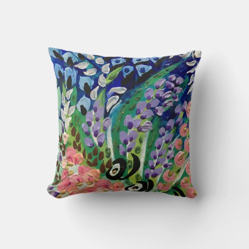 Colorful blue green abstract florals  throw pillow