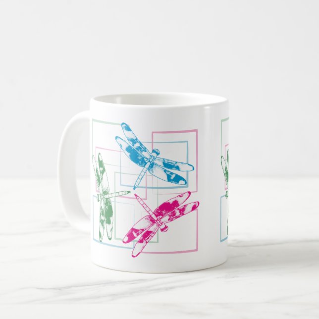  Colorful Blue Green Pink Dragonflies Coffee Mug (Front Left)