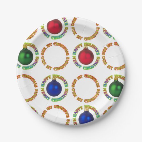 Colorful Blue Green Red Our 1st Christmas Pattern Paper Plates