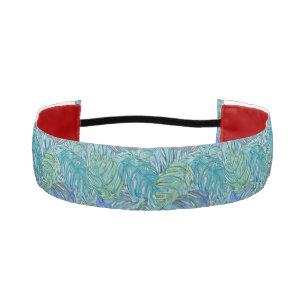 Colorful blue green tropical leaves watercolor athletic headband