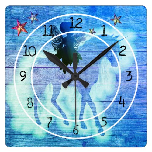 Colorful Blue Green Unicorn Decorative Square Wall Clock