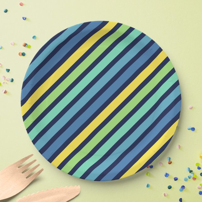 Colorful Blue Green Yellow Stripes Pattern Paper Plates (Creator Uploaded)