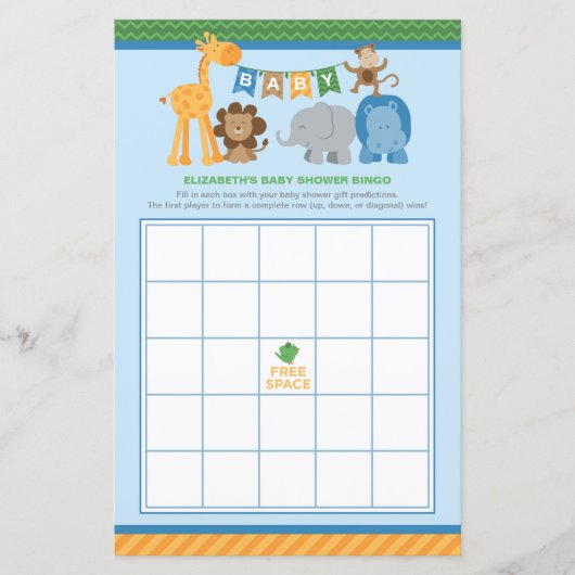 Colorful Blue Jungle Animals Baby Boy Shower Bingo (Front)
