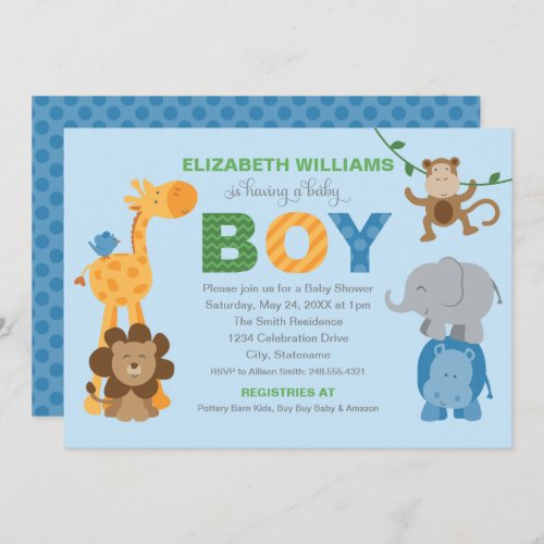 Colorful Blue Jungle Animals Baby Boy Shower Invitation