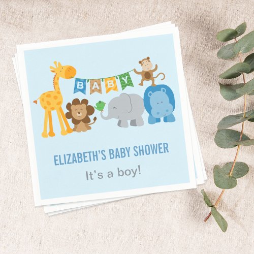 Colorful Blue Jungle Animals Boy Baby Shower Paper Napkins