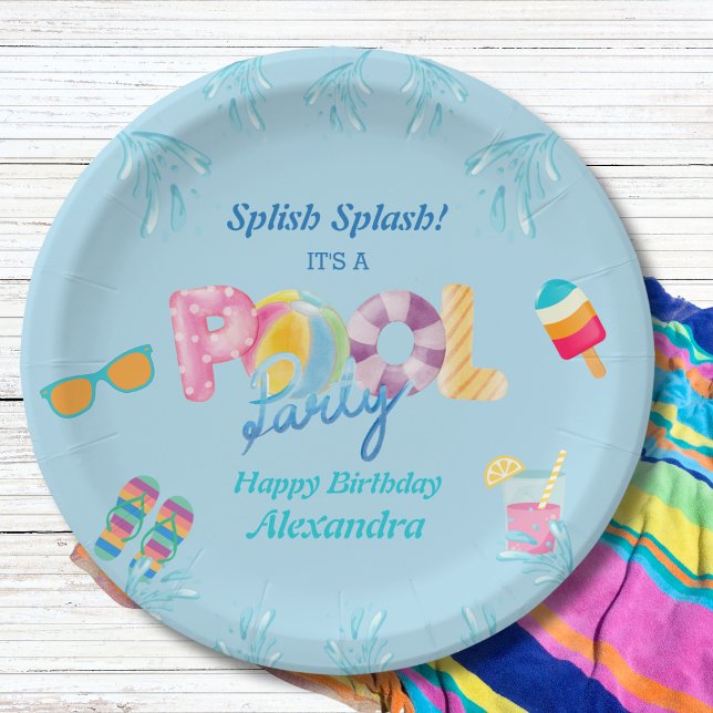 Colorful Blue Kids Swimming Pool Birthday Party Paper Plates (Creator Uploaded)