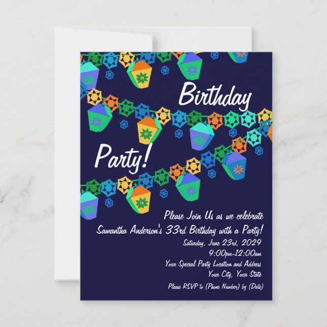 Colorful Blue Lanterns Birthday Party Invitation (Front)