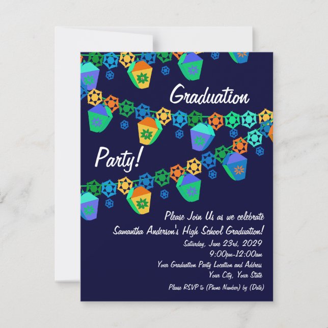 Colorful Blue Lanterns Graduation Party Invitation (Front)