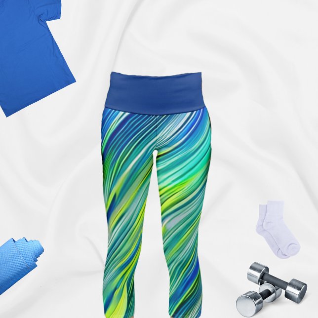 Colorful Blue Linear Patterns Yoga Capri Leggings (Creator Uploaded)