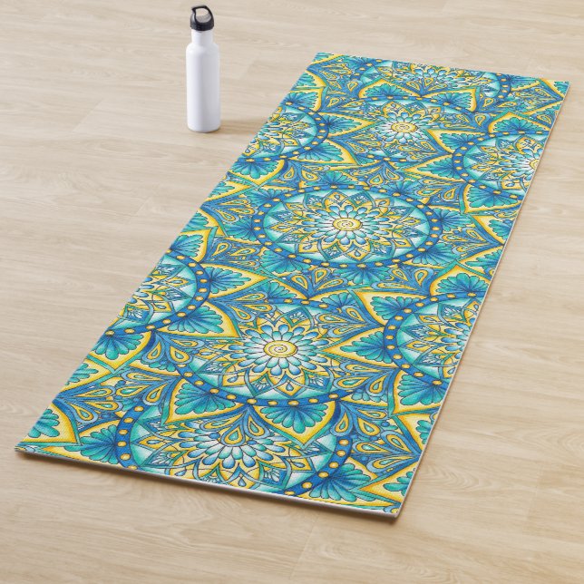 Colorful Blue Mandala Pattern Yellow Turquoise Yoga Mat (In Situ)