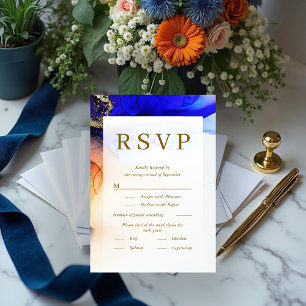 Colorful Blue Orange Gold Wedding RSVP Card