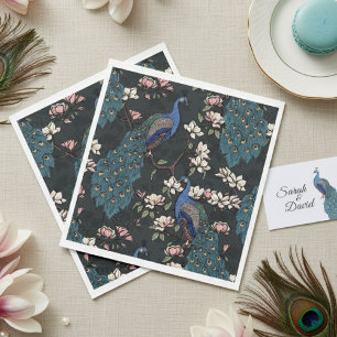 Colorful Blue Peacock and Magnolia Black Napkins