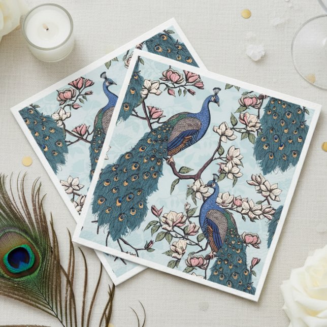 Colorful Blue Peacock and Magnolia Blue Napkins (Elegant Blue Peacock Napkins. Colorful Peacock Birds with Teal Feathers Floral Chinoiserie Pattern)