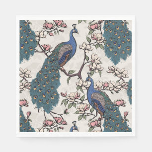 Colorful Blue Peacock and Magnolia Ivory Napkins