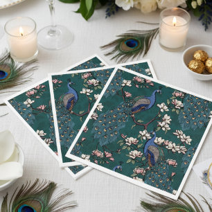 Colorful Blue Peacock and Magnolia Teal Napkins