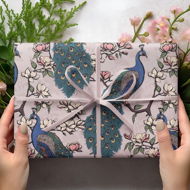 Colorful Blue Peacock & Magnolia Pink Wildlife Wrapping Paper (Elegant Floral Blue Peacock Birds, Magnolia Branches in Bloom, Blush Pink Background. Hand Drawn.)