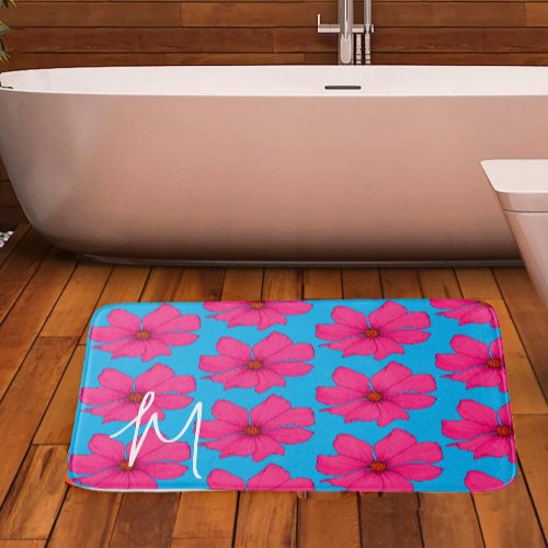 Colorful Blue Pink Floral Modern Monogram Bath Mat