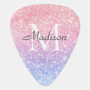 Colorful Blue Pink Ombre Glitter Name Monogram Guitar Pick