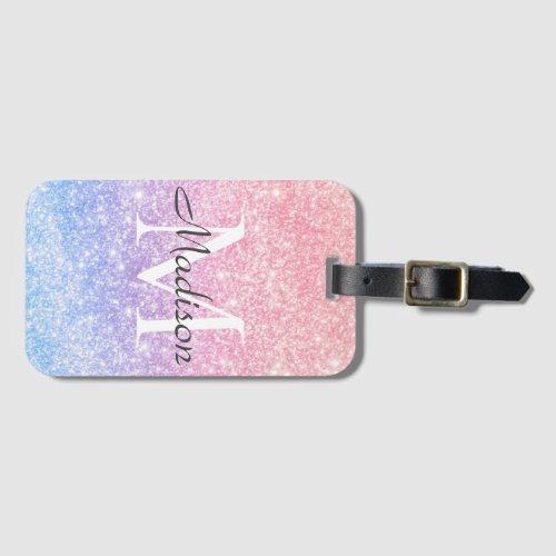 Colorful Blue Pink Ombre Glitter Name Monogram  iP Luggage Tag