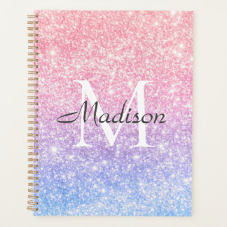Colorful Blue Pink Ombre Glitter Name Monogram Planner