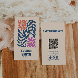 Colorful Blue Pink QR Code Groovy Floral Unique Business Card