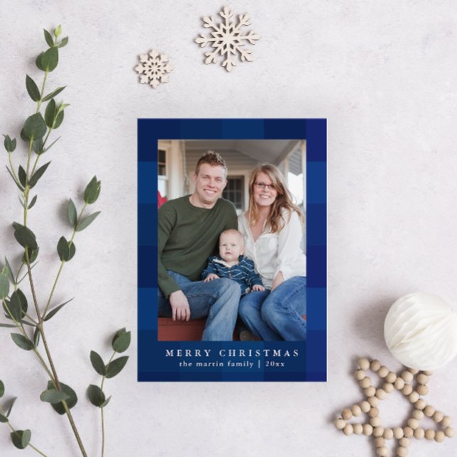 Colorful Blue Plaid Print Front Christmas Holiday Card (Creator Uploaded)