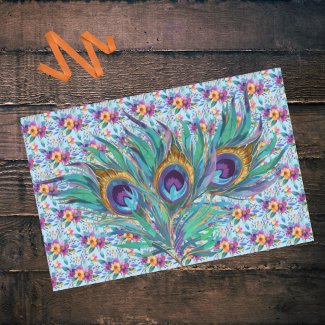 Colorful Blue Purple Peacock Feathers and Flowers