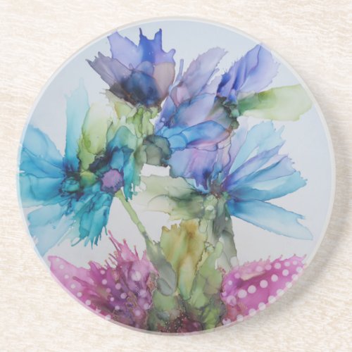 Colorful Blue Purple Pink Green Floral Art  Coaster