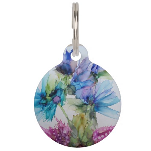 Colorful Blue Purple Pink Green Floral Art  Pet ID Tag