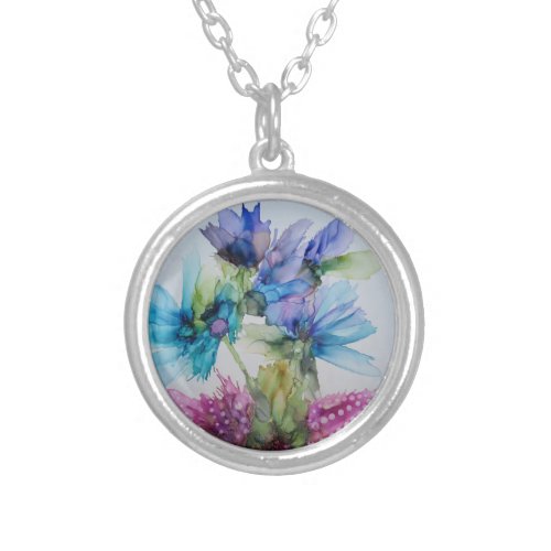 Colorful Blue Purple Pink Green Floral Art  Silver Plated Necklace