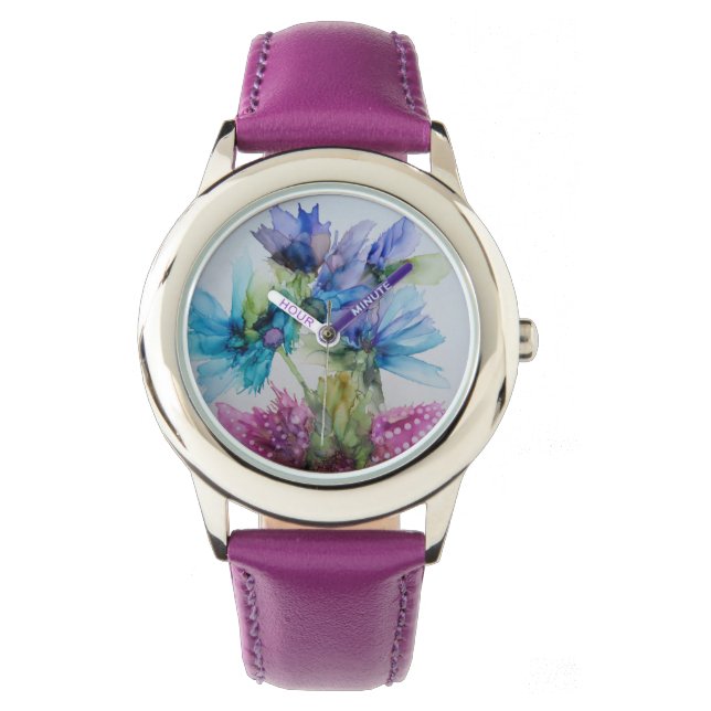 Colorful Blue Purple Pink Green Floral Art   Watch (Front)