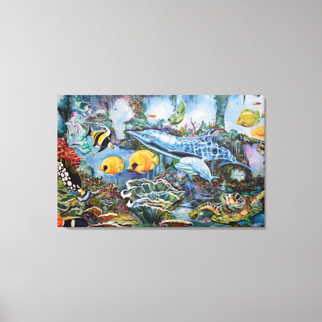 Colorful Blue Red Yellow Marine Animals Canvas Print (Front)