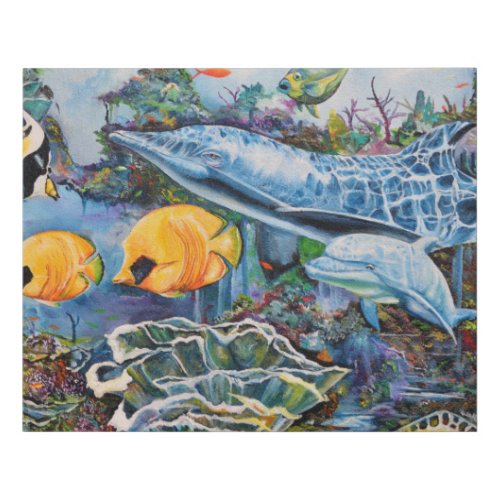 Colorful Blue Red Yellow Marine Animals Faux Canvas Print