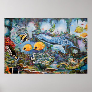 Colorful Blue Red Yellow Marine Animals Poster