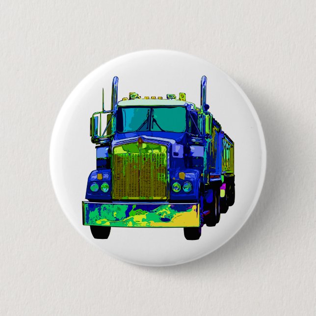 Colorful Blue Semi Truck Pinback Button (Front)