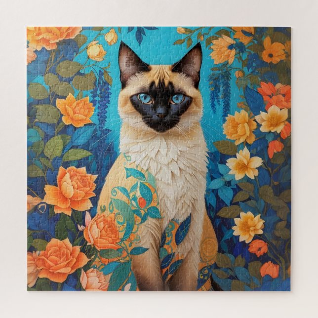 Colorful Blue Siamese Cat Botanical Garden Jigsaw Puzzle (Vertical)