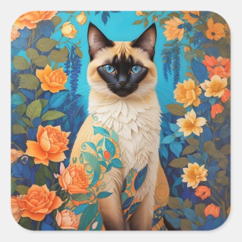 Colorful Blue Siamese Cat Botanical Garden Square Sticker